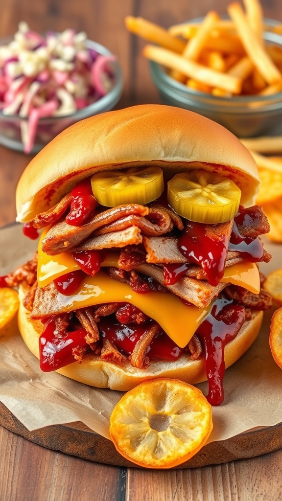 BBQ ham sandwich with shredded ham and barbecue sauce in a toasted bun, served with potato chips and coleslaw.